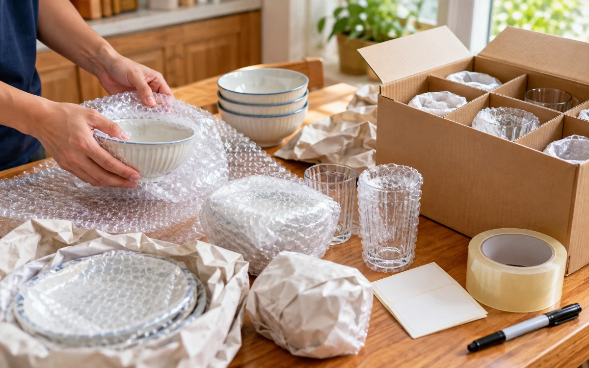 Đóng gói bát đĩa, ly thủy tinh bằng xốp hơi khi chuyển nhà